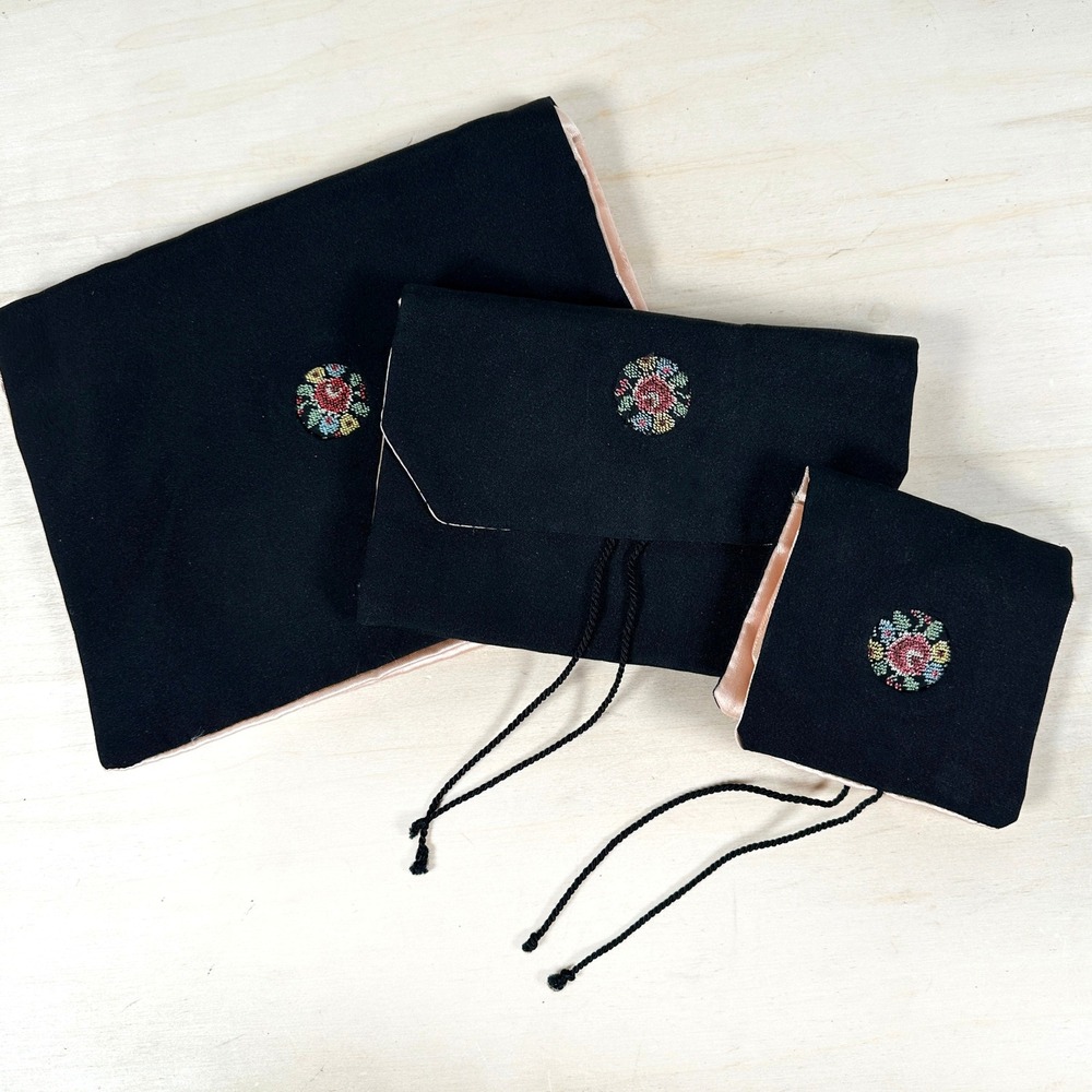 Vintage Jewelry Moire Embroidered Pouches Travel‎ Satin Black Tie 1940's